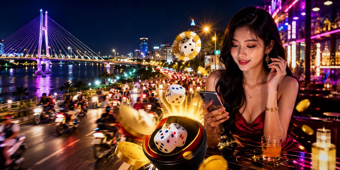 Không gian giải trí về đêm tại Cần Thơ với ánh đèn neon, người dùng xem kết quả trực tuyến