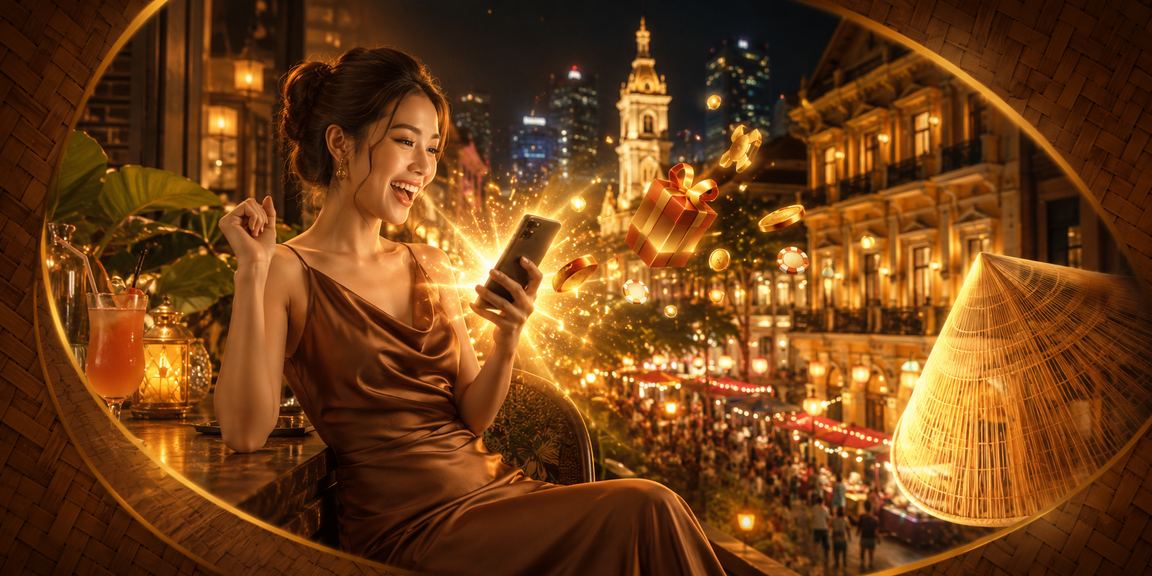 Người phụ nữ đội nón lá tại TP. Hồ Chí Minh dùng điện thoại xem kết quả xổ số online