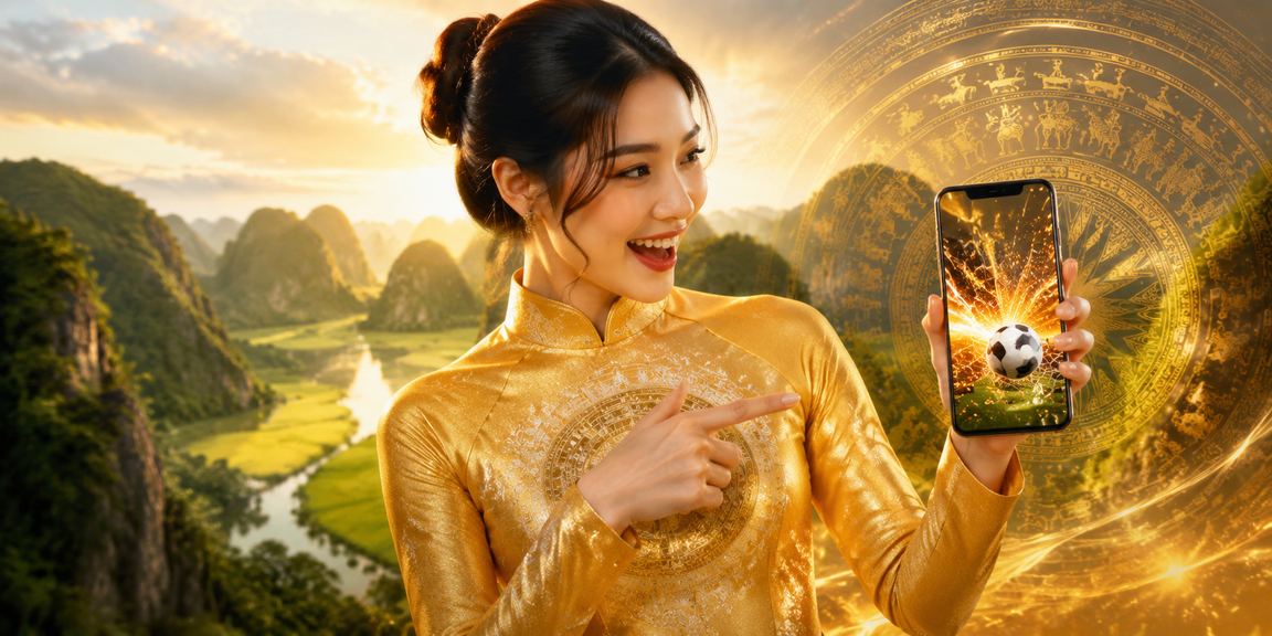 Phụ nữ mặc áo dài tại Ninh Bình xem kết quả cá cược thể thao trên điện thoại giữa cảnh thiên nhiên